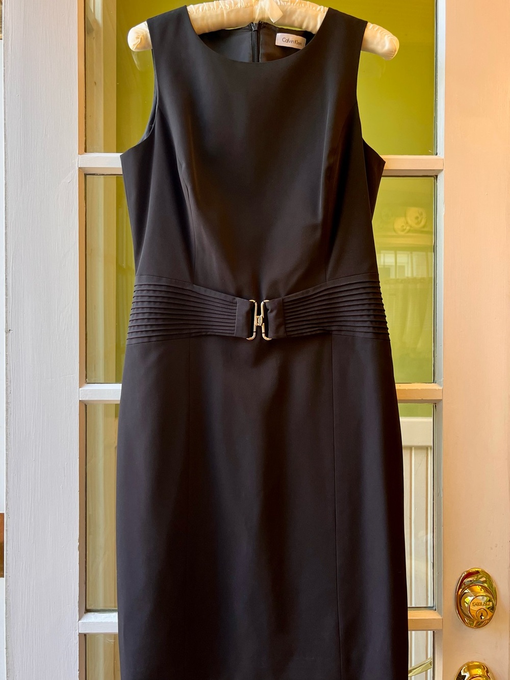 Calvin Klein Black Sleeveless Sheath Dress with Pleated Waistband & Silver Link